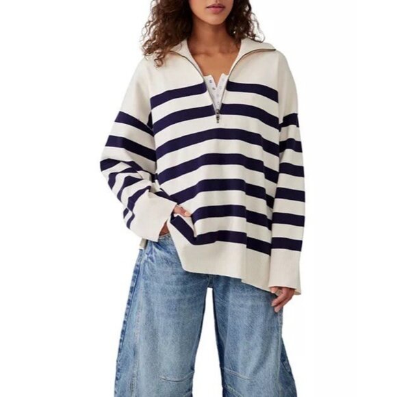 Free People Coastal Stripe Oversized Pullover Blue Beige 1/4 Zip MSRP $148 XS - Picture 1 of 16